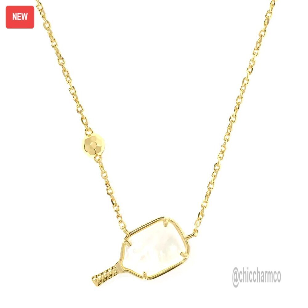 Gold Plated Pickleball Pendant Necklace, Mother of Pearl, Lobster Clasp - Picture 1 of 5